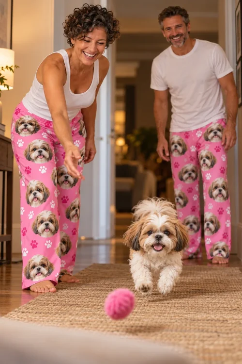 Couple in pink paws shih tzu pajama pants laughing as their shih tzu chases a pink ball down a hallway