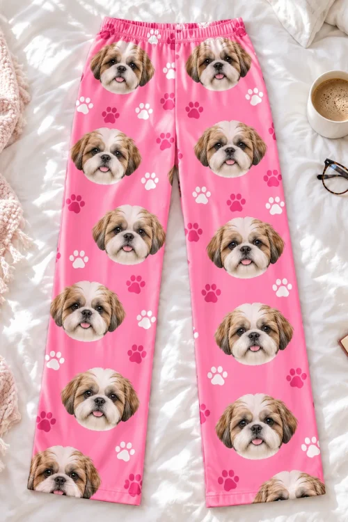 Pink paws shih tzu pajama pants laid flat on a white bed beside a cup of coffee and an open book