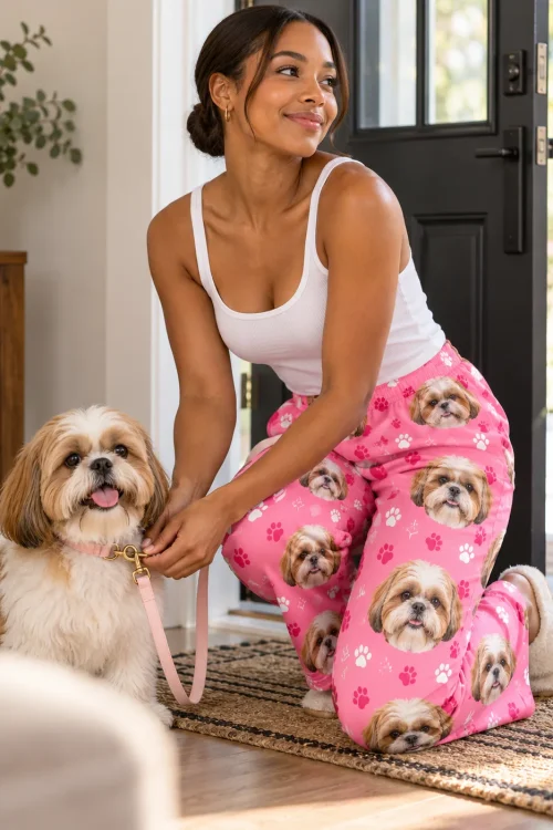 Woman kneeling by the front door to clip a leash on her shih tzu, in pink paws shih tzu pajama pants