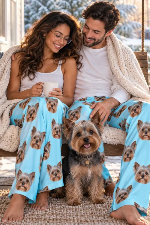 Couple on a snowy porch swing in matching light blue Yorkie pajama pants, their Yorkie sitting between them