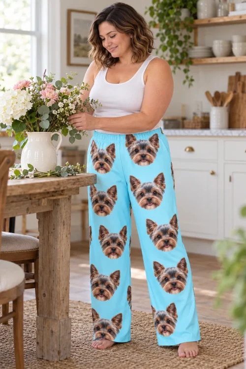 Woman arranging flowers in a bright farmhouse kitchen in light blue Yorkie pajama pants with Yorkie faces