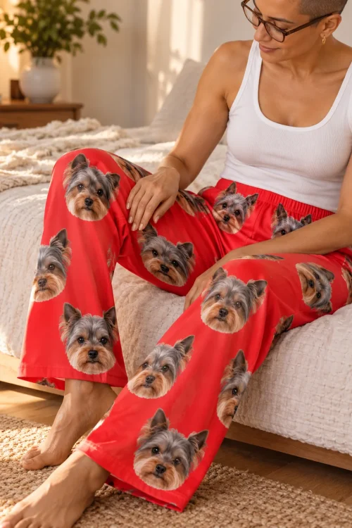 Close-up of red Yorkie pajama pants with an elastic waist and Yorkie faces, woman sitting on a cream bed