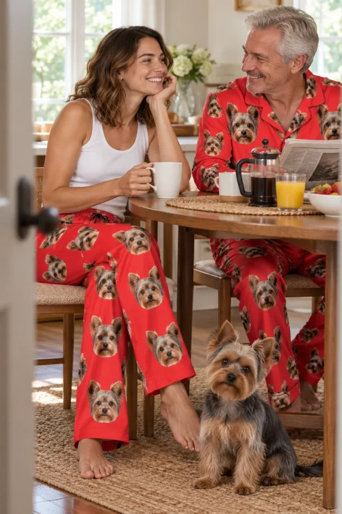 Couple at a breakfast table in red Yorkie pajamas, their Yorkie sitting on the rug in front of them