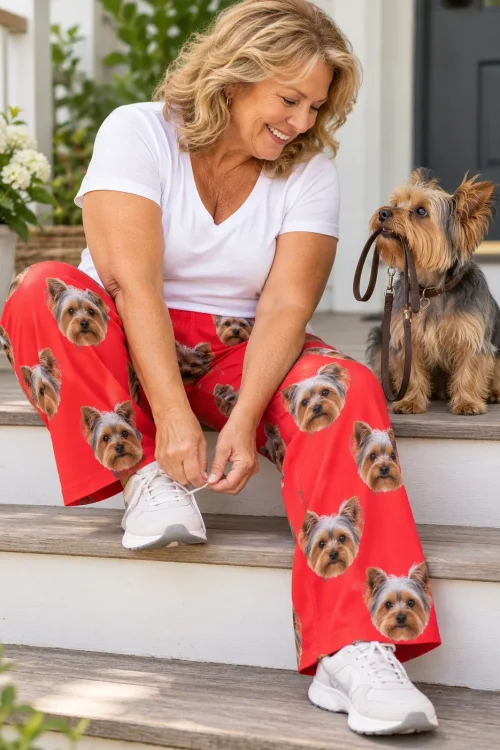 Woman tying her sneakers on porch steps in red Yorkie pajama pants while her Yorkie waits holding its leash