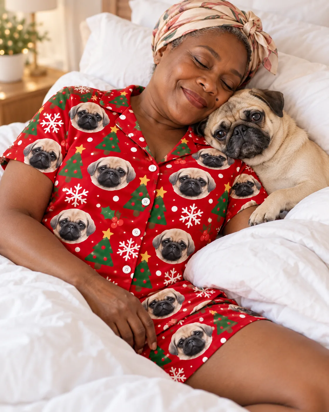 Pet face pajamas: woman in a headscarf sleeping beside her pug in christmas pajama shorts and a matching shirt