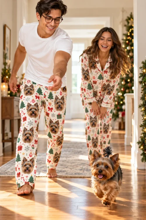 Man in cream Christmas Yorkshire terrier PJs following a running Yorkie down a decorated hallway, woman behind