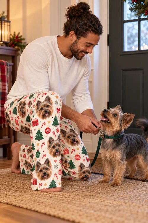 Man kneeling in a festive entryway to clip a leash on his Yorkie, in cream Christmas Yorkshire terrier PJs